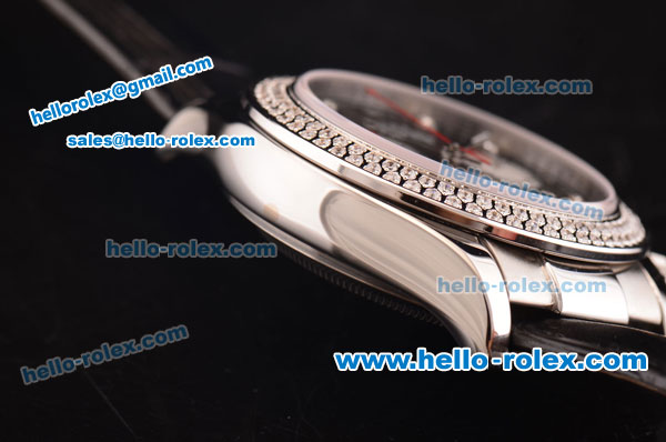 Rolex Daytona Swiss Valjoux 7750-SHG Automatic Double Row Diamond Bezel - Black Dial and Black Leather Strap - Click Image to Close